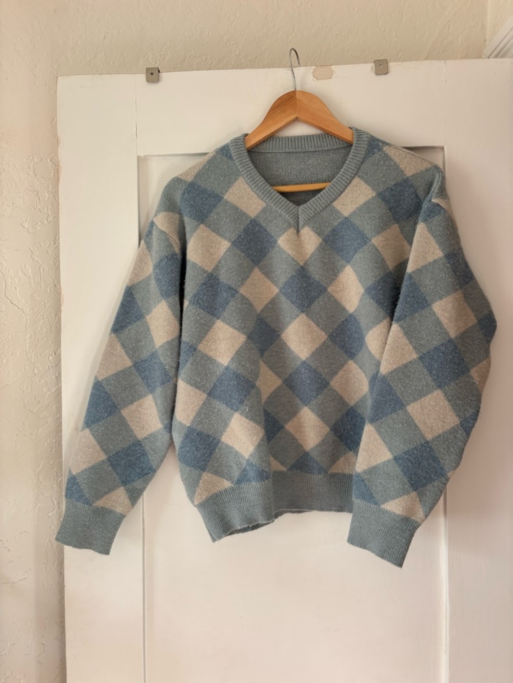 Blue and Cream Argyle V-Neck Warm Women’s Sweater